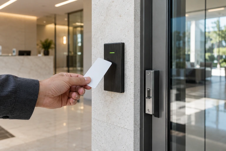 Lectura de una tarjeta en un control de acceso de oficina