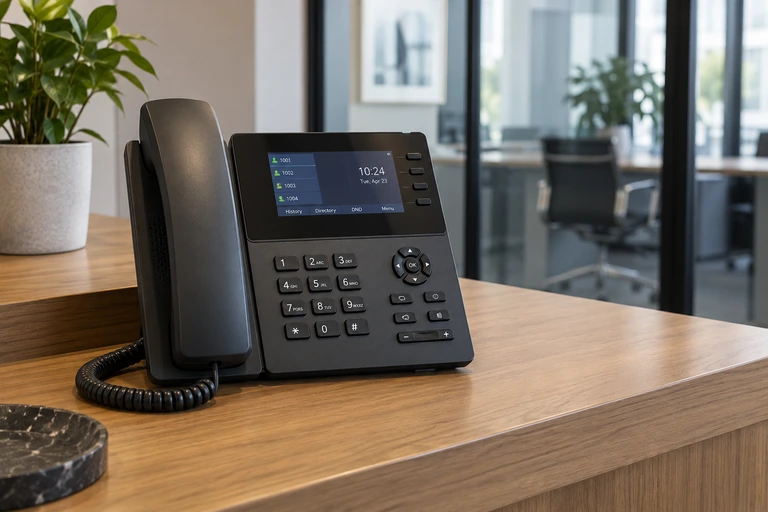 Teléfono IP profesional en un puesto de trabajo