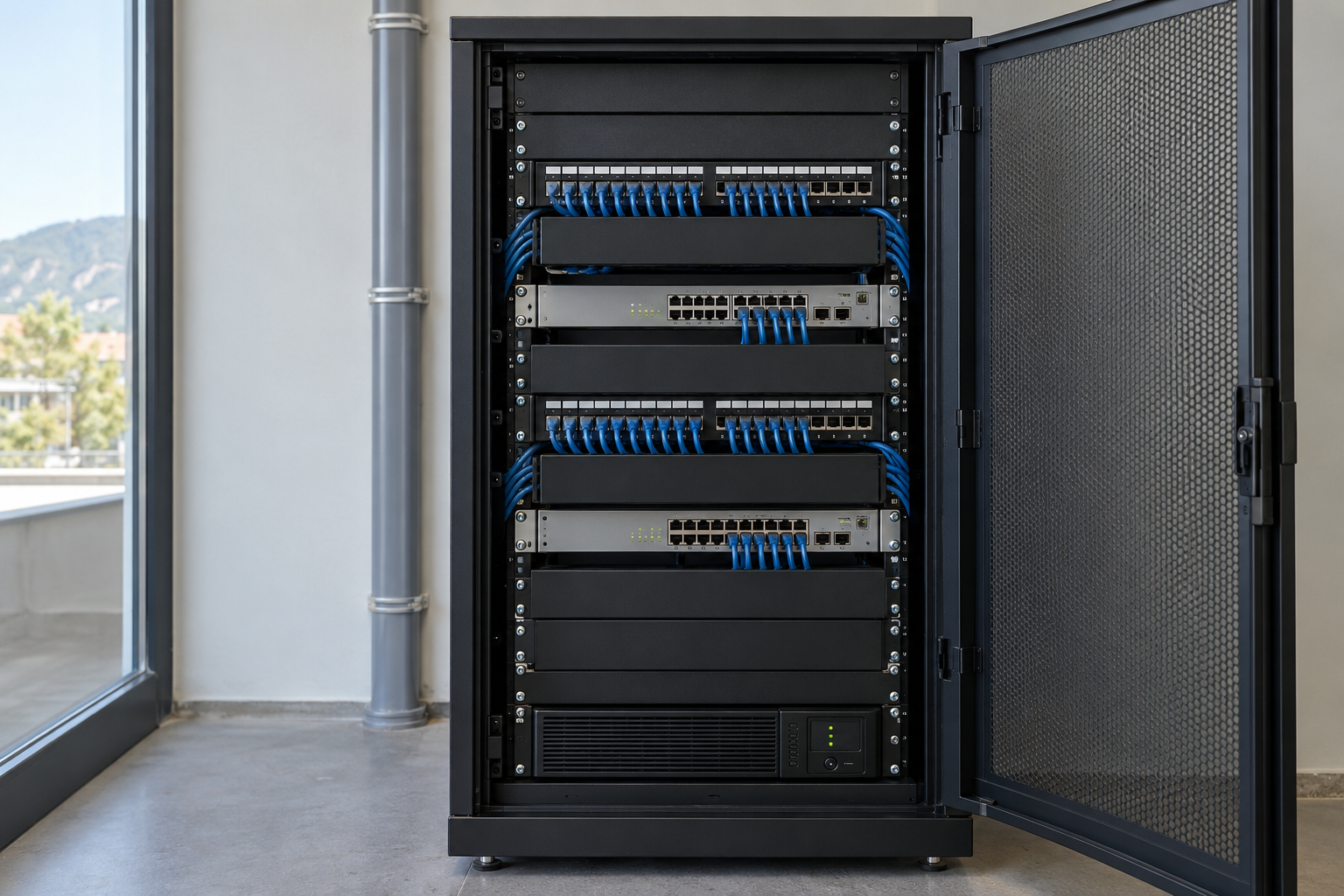 Rack de comunicaciones con paneles y conexiones azules ordenadas