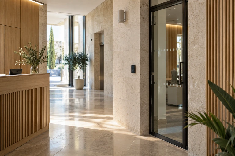 Entrada de un equipamiento público con tecnología integrada