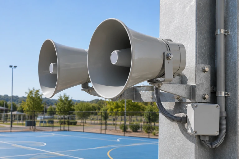 Altavoces de megafonía montados con canalización protegida